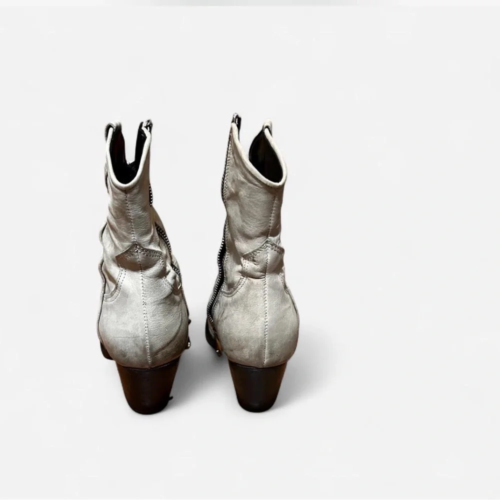 Free People ash white. Silver metal tip toe booties. 2 1/4 heel. Side zipper. - Picture 2 of 8